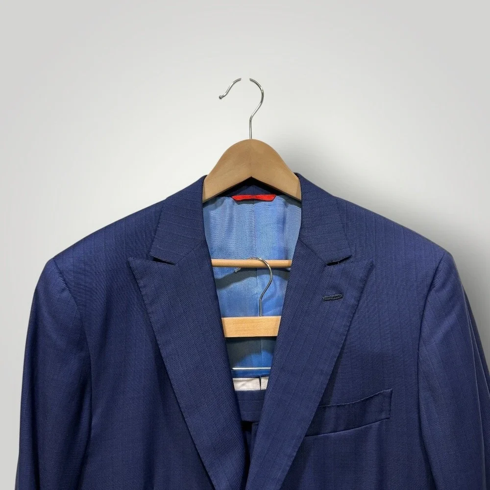 Isaia Napoli Men Blue Pinstripe 160's Aquaspider Wool‎ Suit 52 IT 42 US 8R